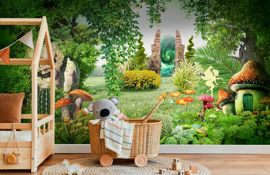 Enchanted Fairy Meadow Mural Wallpaper in bedroom