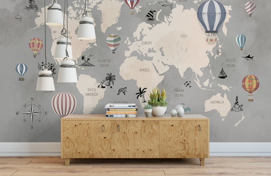 Whimsical World Map Hot Air Balloons Mural Wallpaper in living room