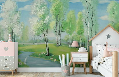 Serene Birch Tree Forest Mural Wallpaper in bedroom