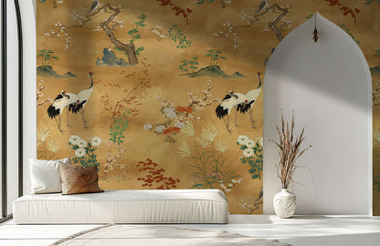 Golden Meadow Cranes Mural Wallpaper in living room