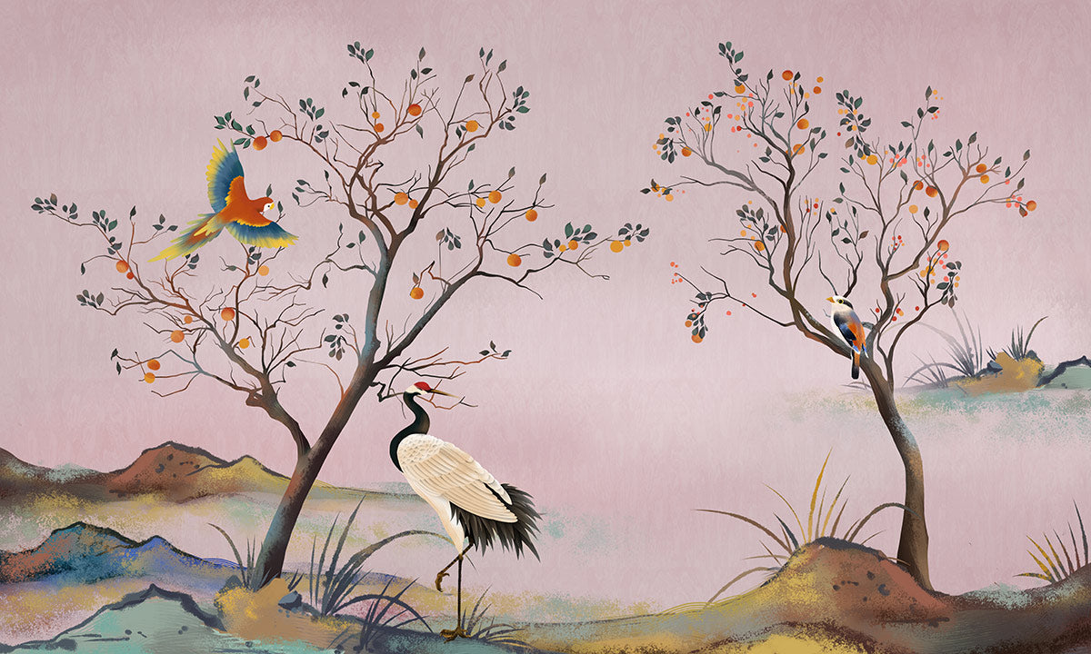 Vintage Oriental Bird Tree Mural Wallpaper