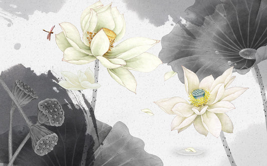 Elegant Lotus Floral Watercolor Mural Wallpaper