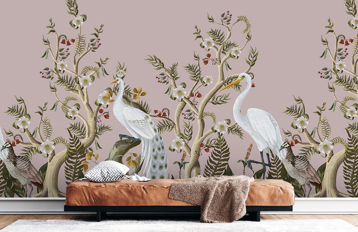 Elegant Heron Mural Wallpaper, pink-green tones, features bed with brown throw, white and grey furnishings.