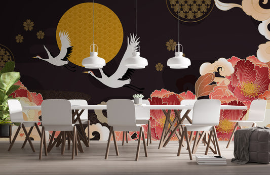 Midnight Cranes & Blossoms Mural Wallpaper in dining room