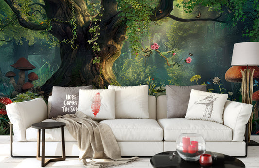 Mystical Forest Retreat Mural Wallpaper in living room