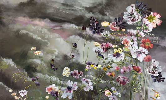 wallpaper mural design featuring a painting of flowers.