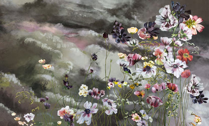 wallpaper mural design featuring a painting of flowers.