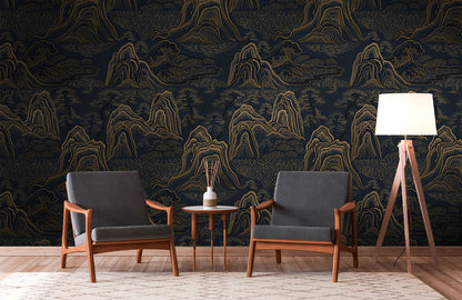 Midnight Golden Mountains Mural Wallpaper in living room