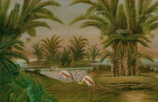 Tropical Flamingo Oasis Scenic Mural Wallpaper