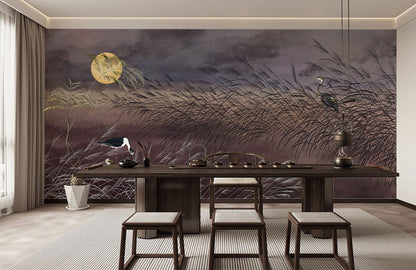 Moonlit Reeds & Cranes Mural Wallpaper in dining room