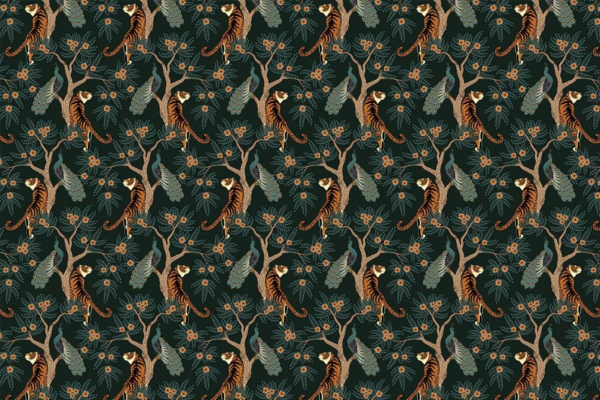 Elegant Dark Green Jungle Wildlife Pattern Wallpaper for Exotic Interiors