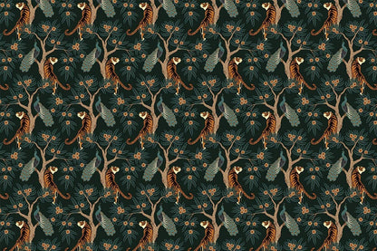 Elegant Dark Green Jungle Wildlife Pattern Wallpaper for Exotic Interiors