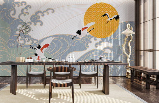 Golden Sun and Waves Mural Wallpaper in dining room