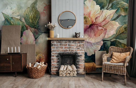 Elegant Watercolor Floral Art Wallpaper in living room