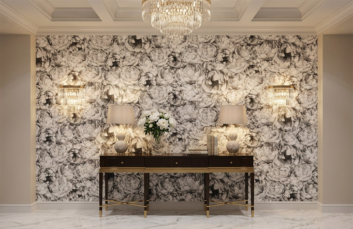 Vintage Grey Peony Pattern Wallpaper