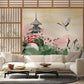 Cranes at Tranquil Pagoda Mural Wallpaper