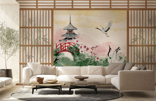 Cranes at Tranquil Pagoda Mural Wallpaper in living room