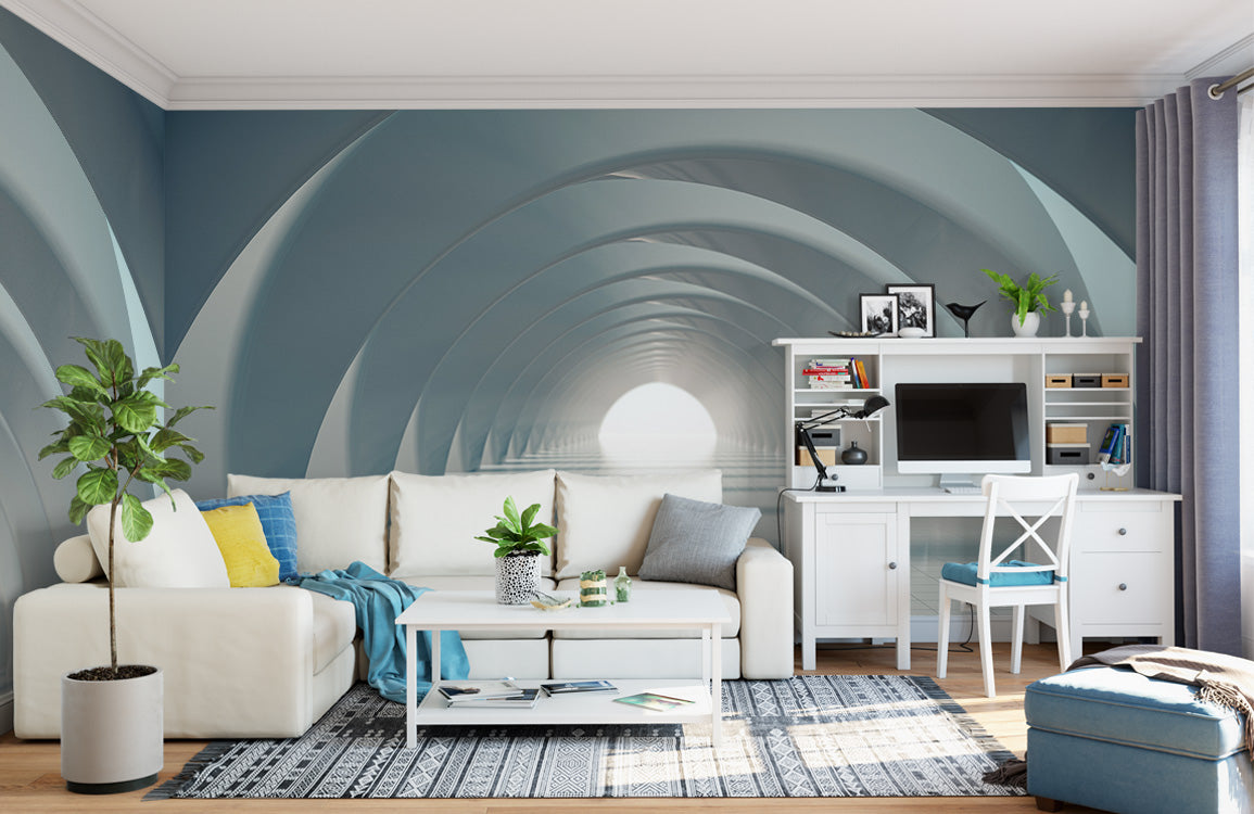 Endless Archway Perspective Mural Wallpaper in living room