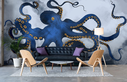 Underwater Octopus Navy Blue Wallpaper in living room