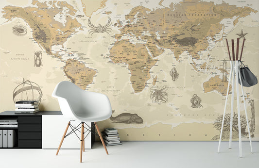 Beige World Map Vintage Wallpaper