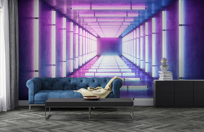 Vivid Neon Corridor Mural Wallpaper in living room