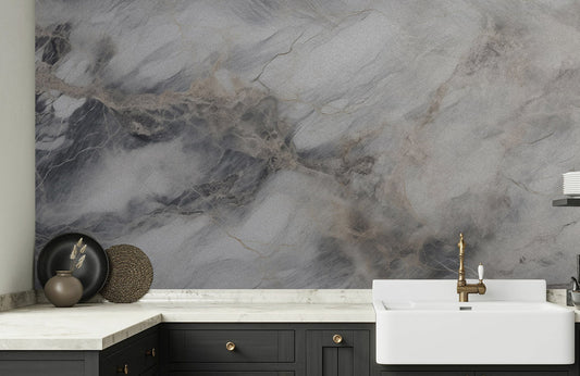 Soft Serenity Marble Mural Wallpaper in kitchen