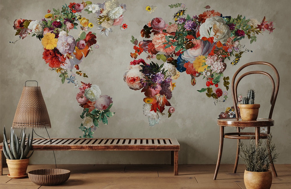 Floral World Map Wall Mural Wallpaper