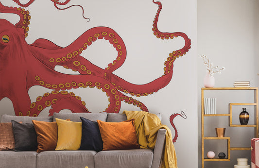 Vibrant Red Octopus Sea Life Wallpaper in living room