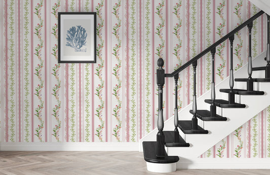 Elegant Floral Stripe Mural Wallpaper in entryway