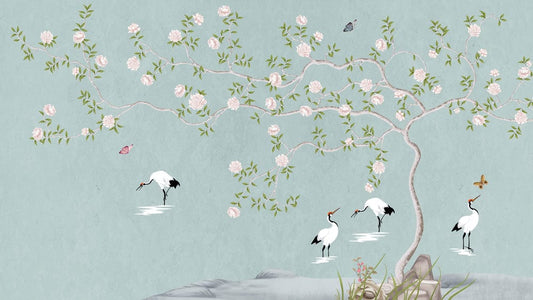 Elegant Crane Garden Floral Mural Wallpaper