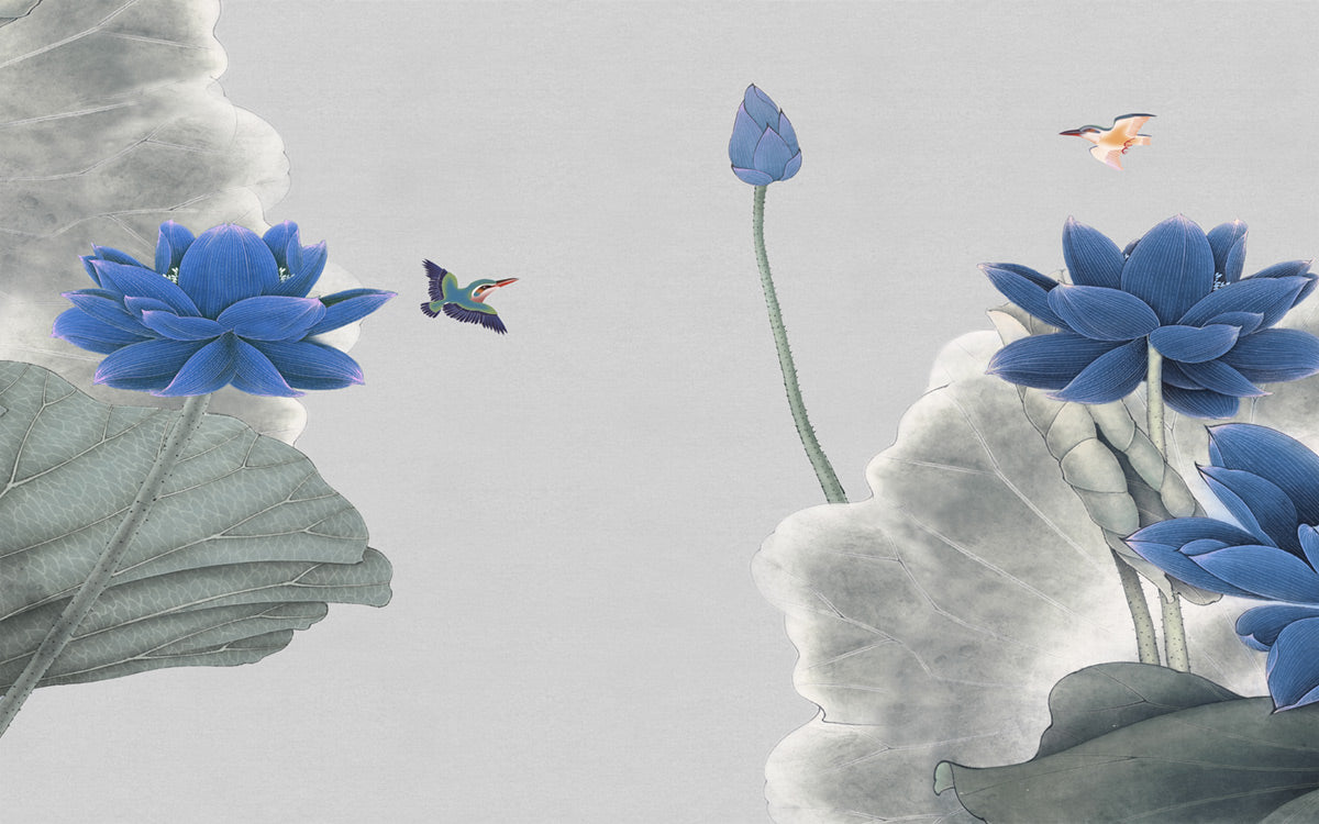 Blue Lotus Bird Modern Mural Wallpaper
