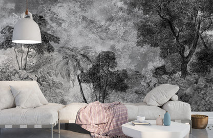 Monochrome Forest Landscape Wall Mural in living room