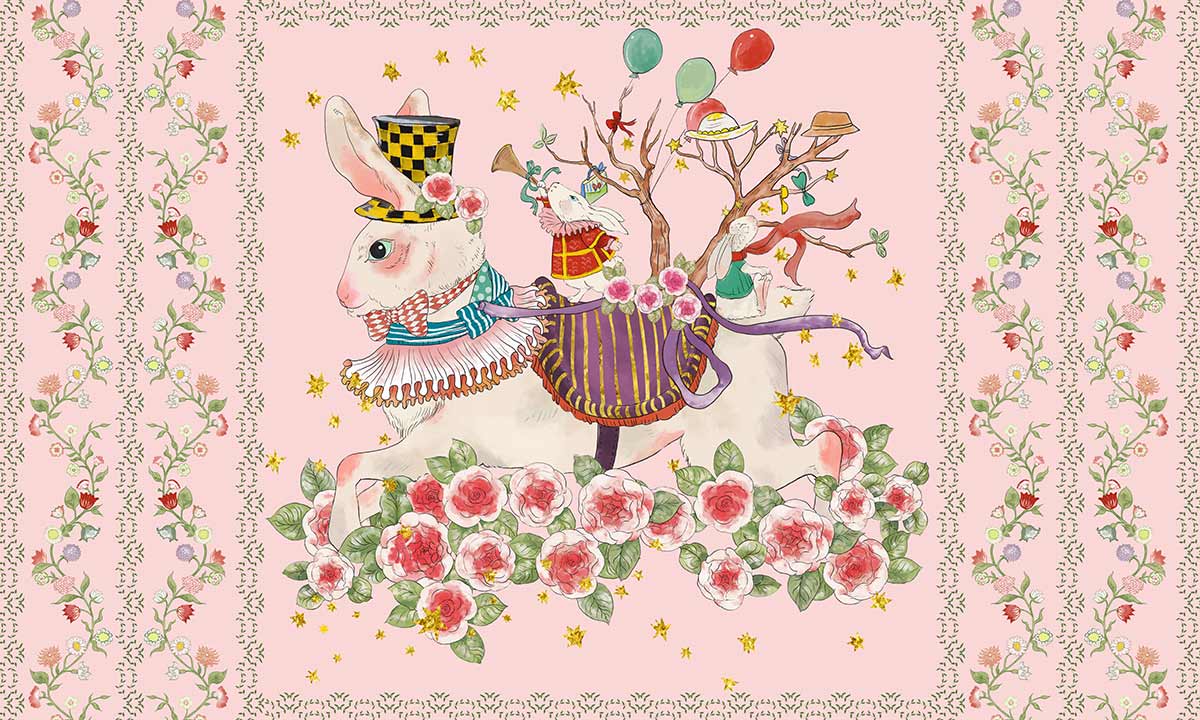 Whimsical Rabbit Floral Kids Mural Wallpaper