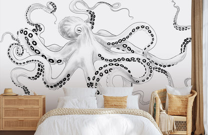 Nautical Black White Octopus Wallpaper in bedroom