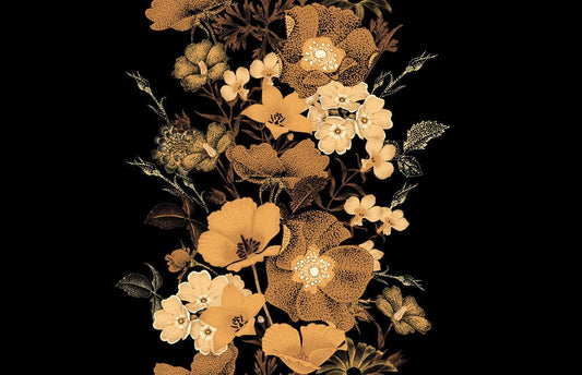 Gold Floral on Black Designer Mural Wallpaper