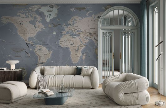 Vintage World Map Animals Wallpaper in living room