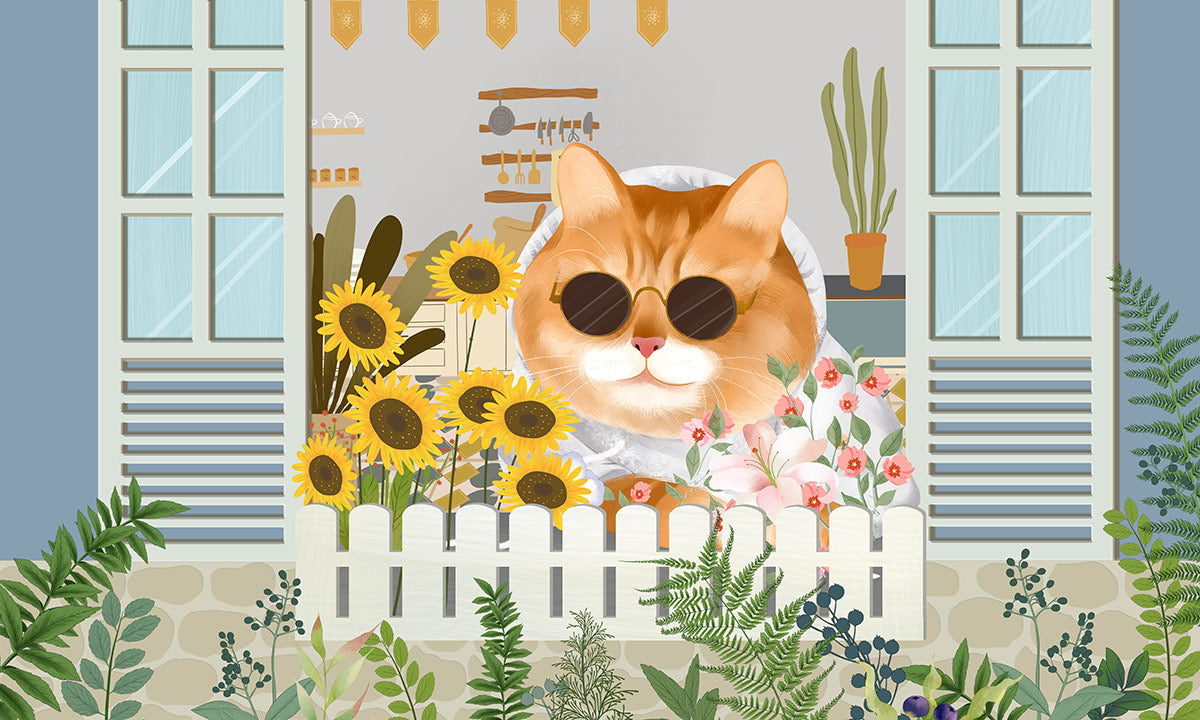 Whimsical Cat Floral Garden Wallpaper Mural