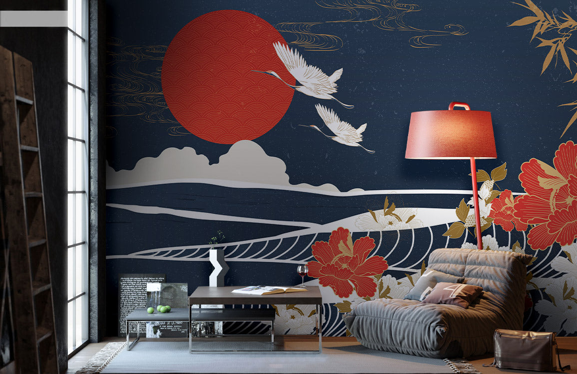 Crimson Sun and Flight Mural Wallpaper in living room