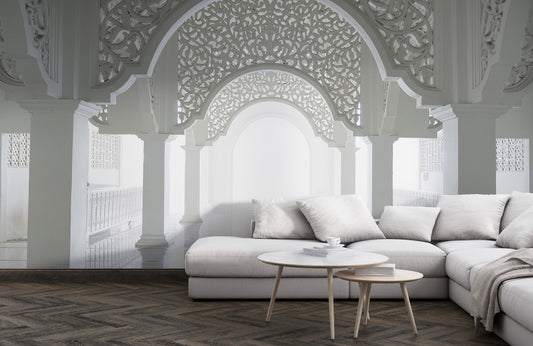 Elegant Arched Sanctuary Mural Wallpaper in living room