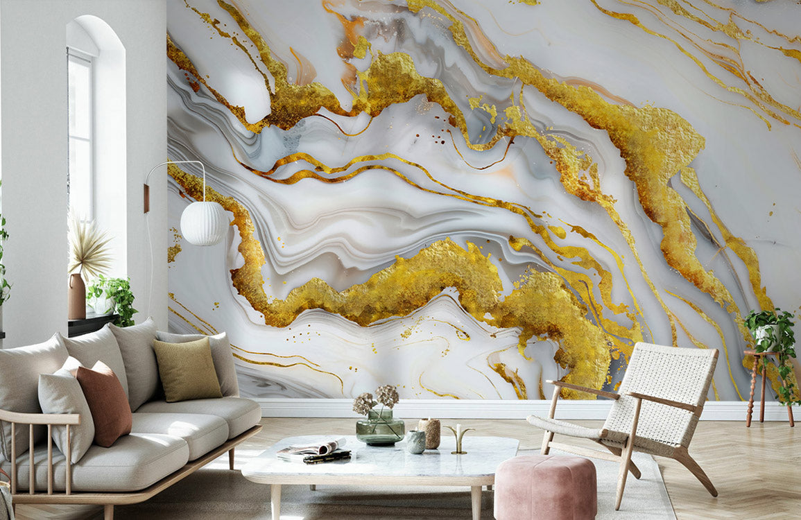 Luminous Gold Flow Mural Wallpaper in living room