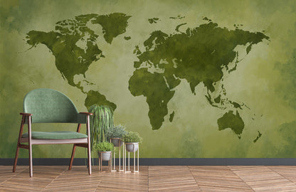 Green World Map Wallpaper Mural in living room