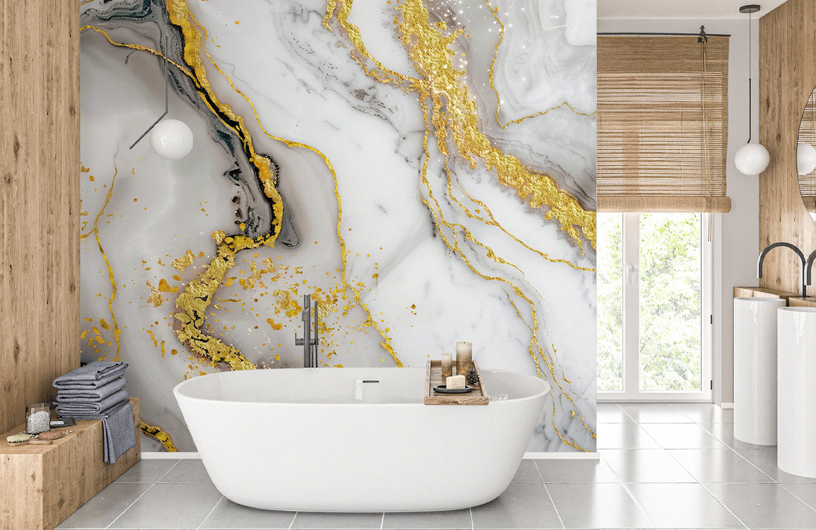 Golden Veined Marble Mural Wallpaper in bathroom