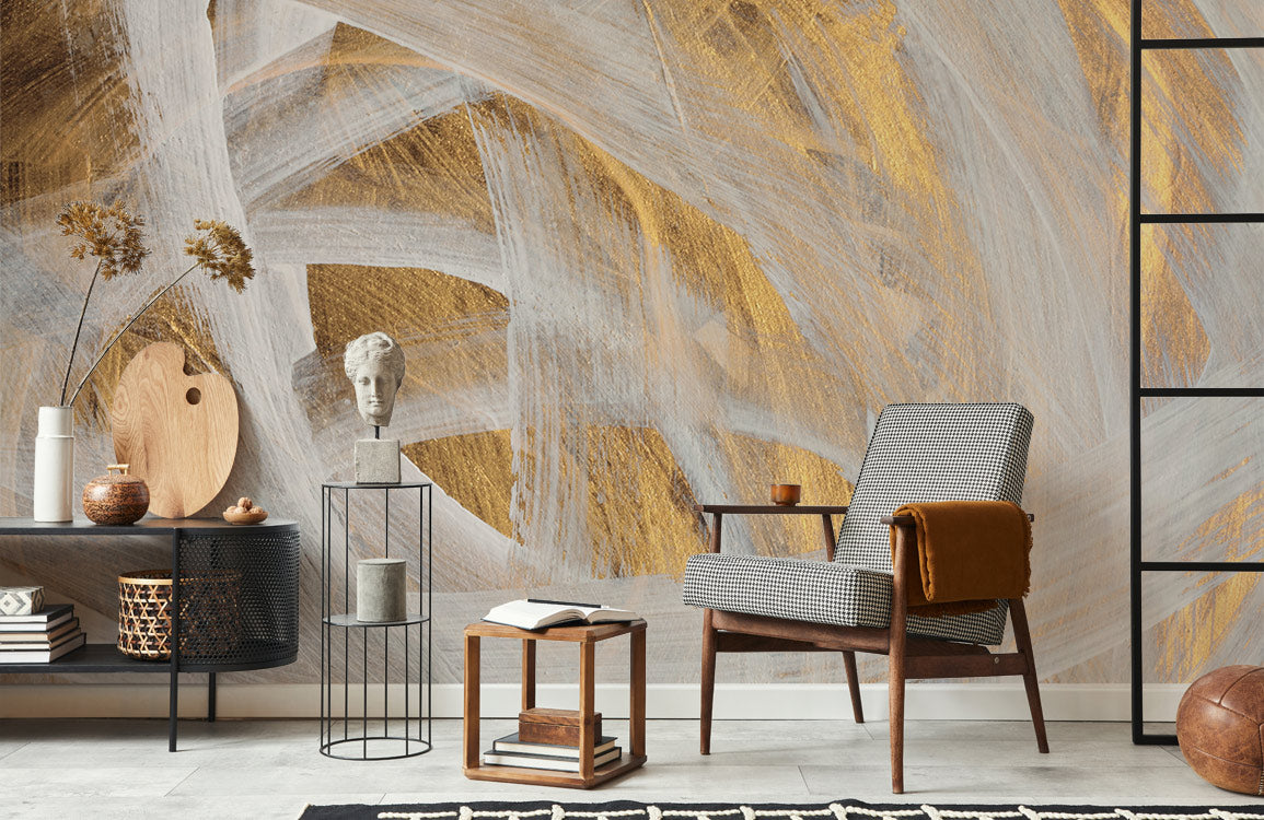 Golden Brushstroke Mural Wallpaper in living room