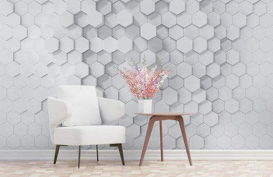 Hexagonal Serenity Mural Wallpaper in living room