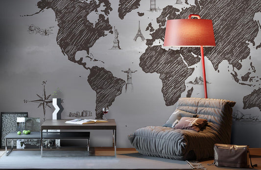 World Sketch Map Wallpaper Art in living room