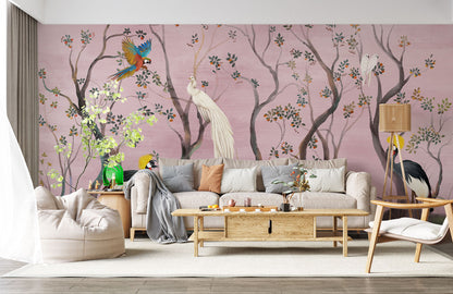 Exquisite Tropical Birds and Trees Mural Wallpaper