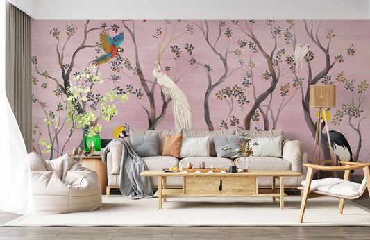 Exquisite Tropical Birds and Trees Mural Wallpaper