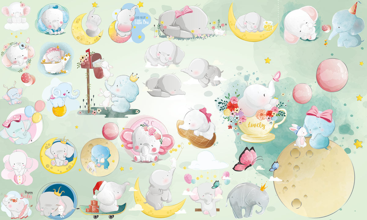 Whimsical Baby Elephant Nursery Mural Wallpaper