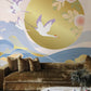 Golden Sunrise & Cranes Mural Wallpaper in living room