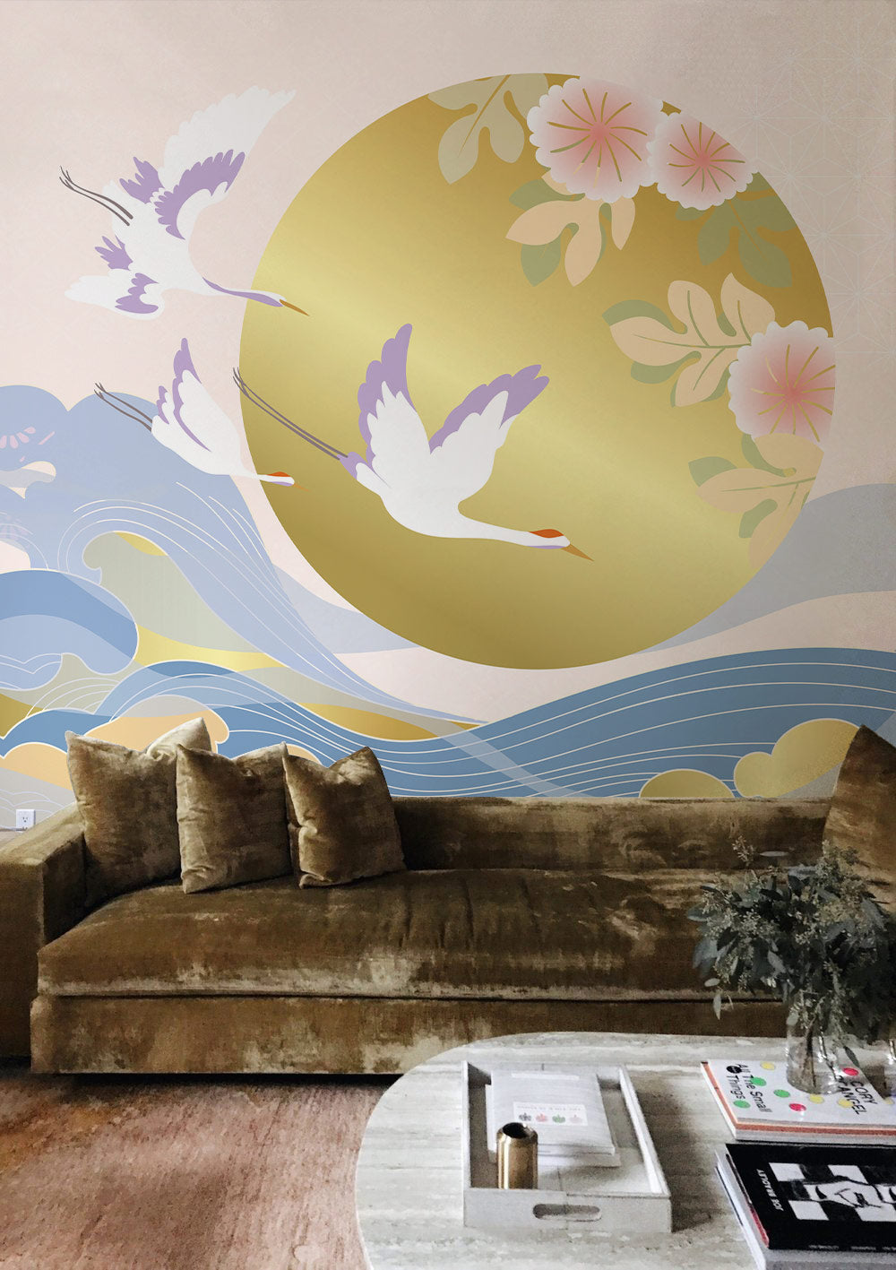 Golden Sunrise & Cranes Mural Wallpaper in living room